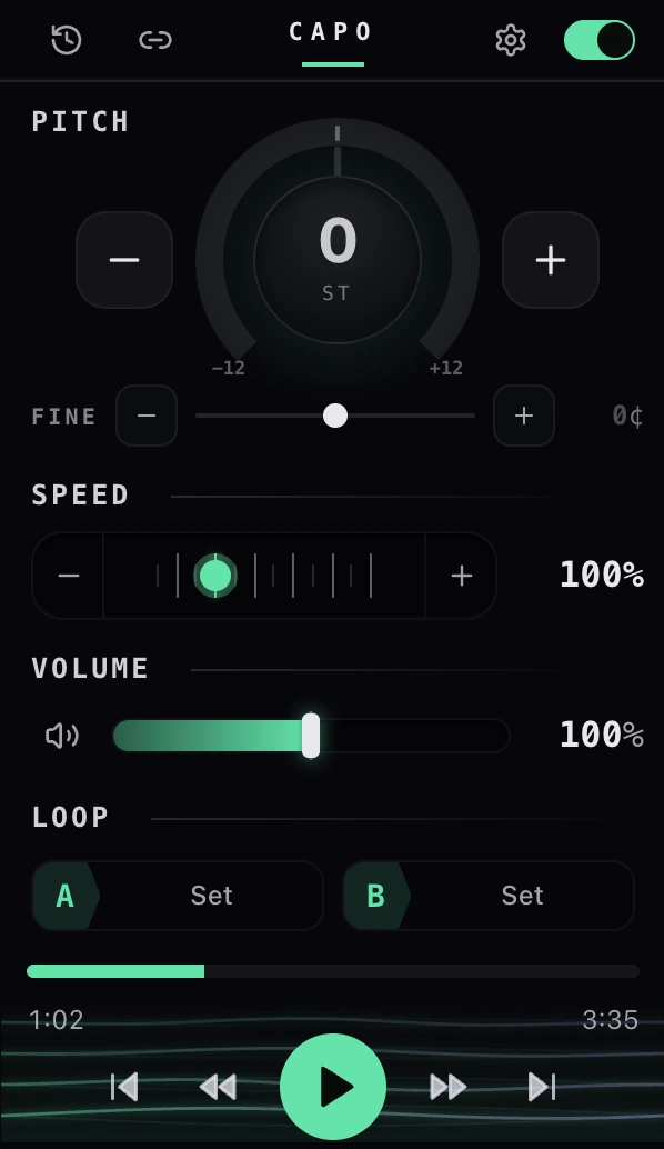 The Capo popup: a pitch dial reading 0 semitones with a fine-tune slider in cents, speed and volume controls, A/B loop buttons, and a transport bar at the bottom.