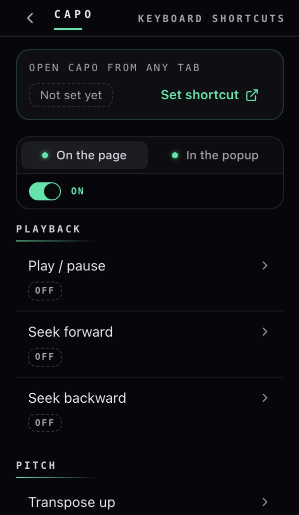 Capo’s keyboard shortcuts settings screen: a card for opening Capo from any tab, a toggle between “On the page” and “In the popup” scope, and rows for Play / pause, Seek forward, Seek backward, and Transpose up, each with an editable binding.